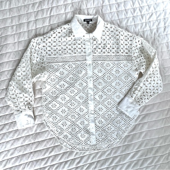 Express Ivory Eyelet Lace Button-Front Shirt - slightly oversize. Size S - Picture 6 of 10